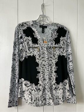 INC International Concepts Black & White Lace-Print Zip-Pocket Blouse size S NWT